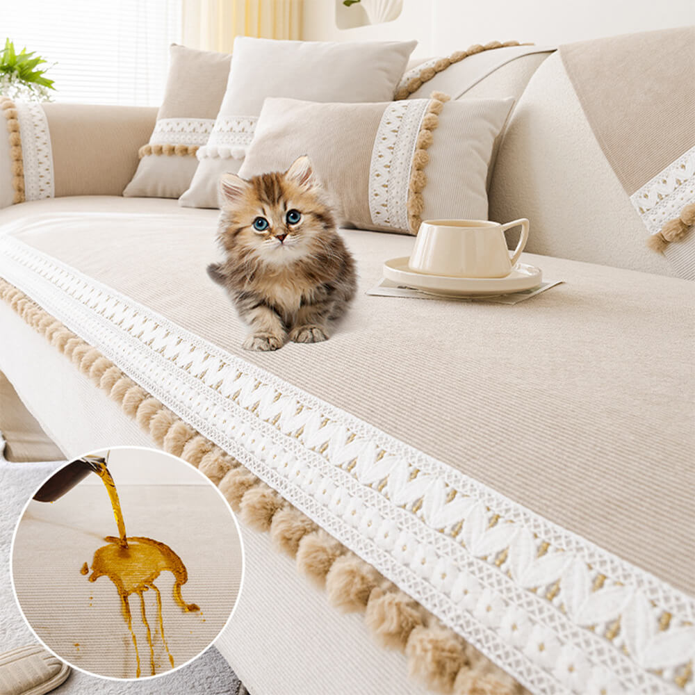 All-Season Water-resistant Anti-Scratch Soft Corduroy Sofa Cover with Pom-Poms