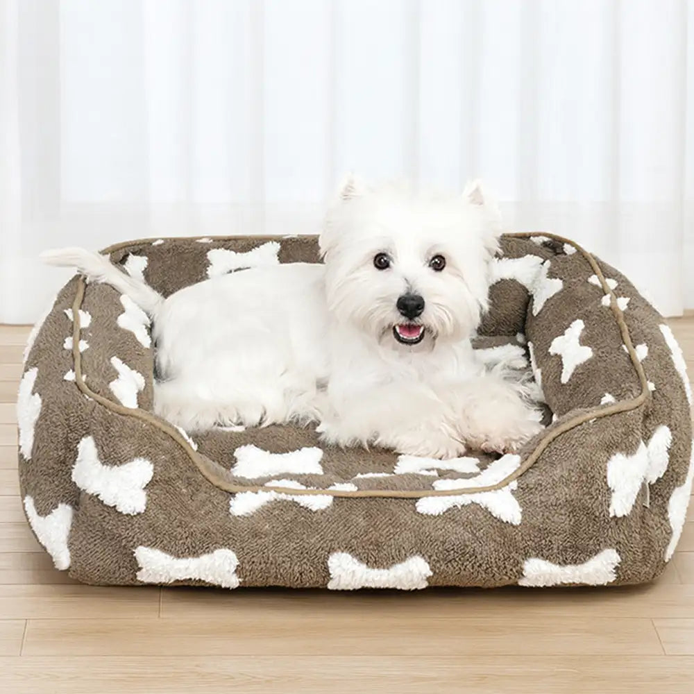 Plush Bone Pattern Square Deep Sleep Dog Bed