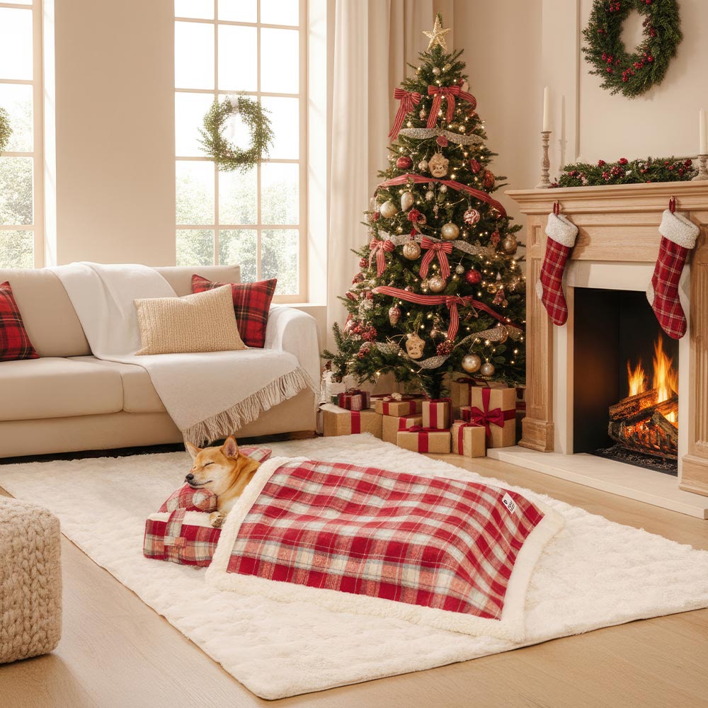 Vintage Plaid Plush Detachable Orthopedic Dog Bed with Pillow - Puppy Snug