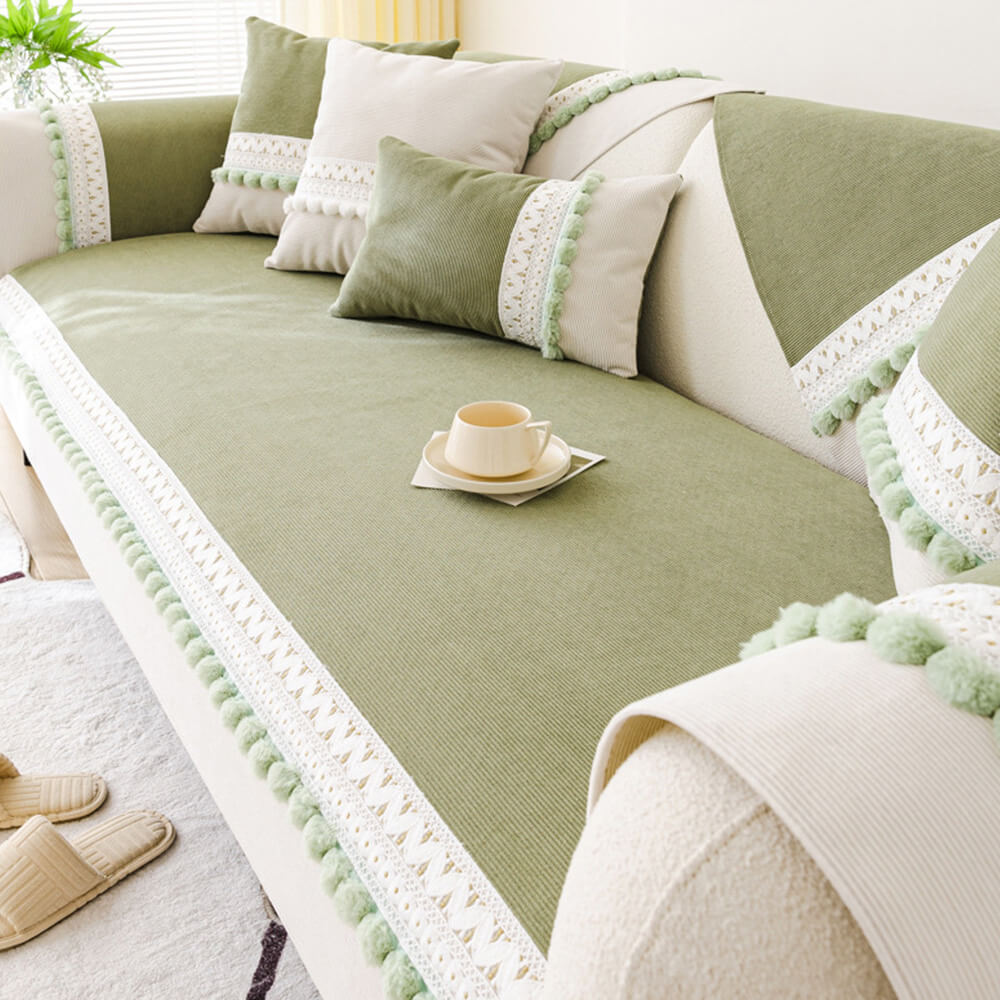 All-Season Water-resistant Anti-Scratch Soft Corduroy Sofa Cover with Pom-Poms