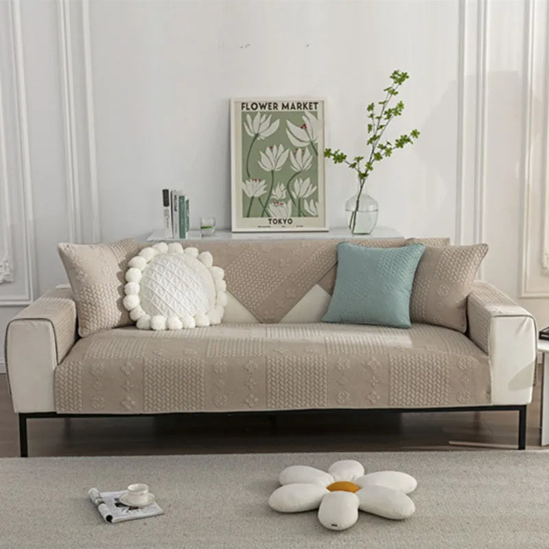 3D Wheat Embroidery Washable Cotton Non-Slip Anti-pet Scratch Sofa Cover
