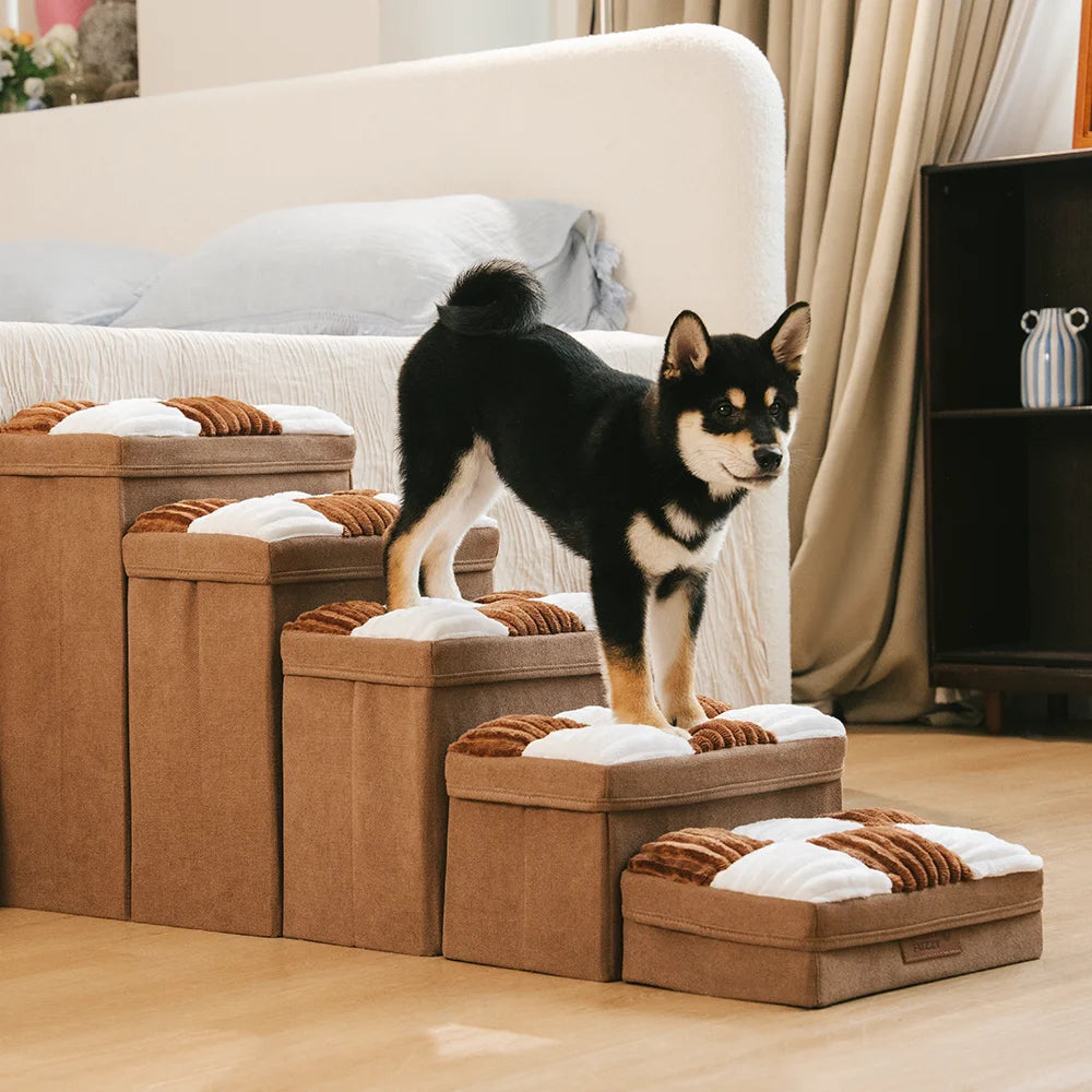 Detachable Chessboard Plaid Handcrafted Dog Stairs with Storage - Foldable Steps