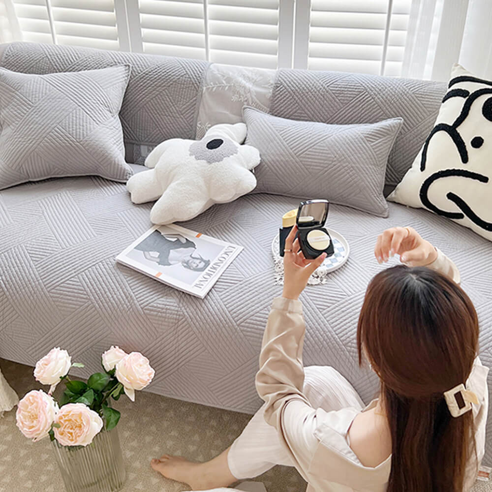 Minimalist All-Season Solid Cotton Geometric Quilted Anti-Slip Sofa Cover
