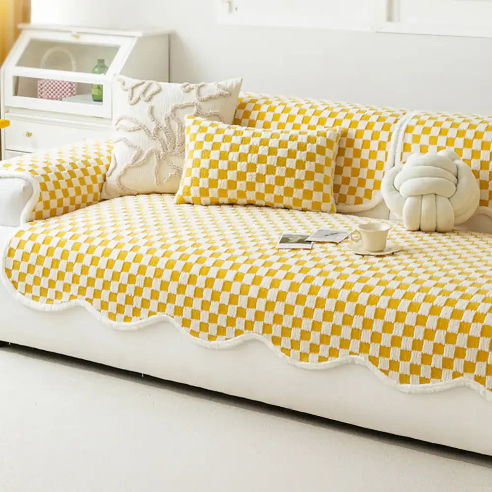 Classic Checkerboard Plush Comfortable Scratch-Resistant Non-Slip Sofa Cover