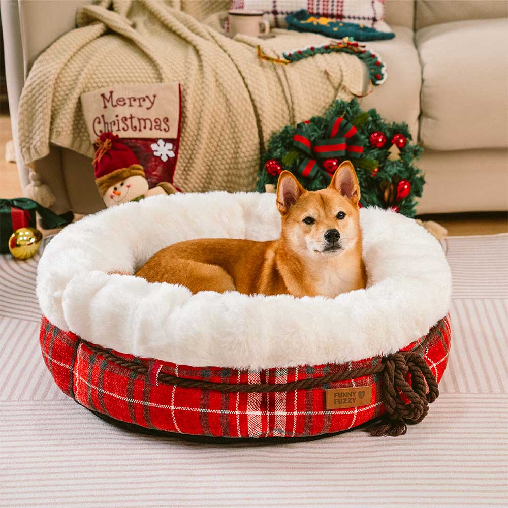 Lit pour chien en forme de beignet en peluche jacquard classique - Snuggle Den