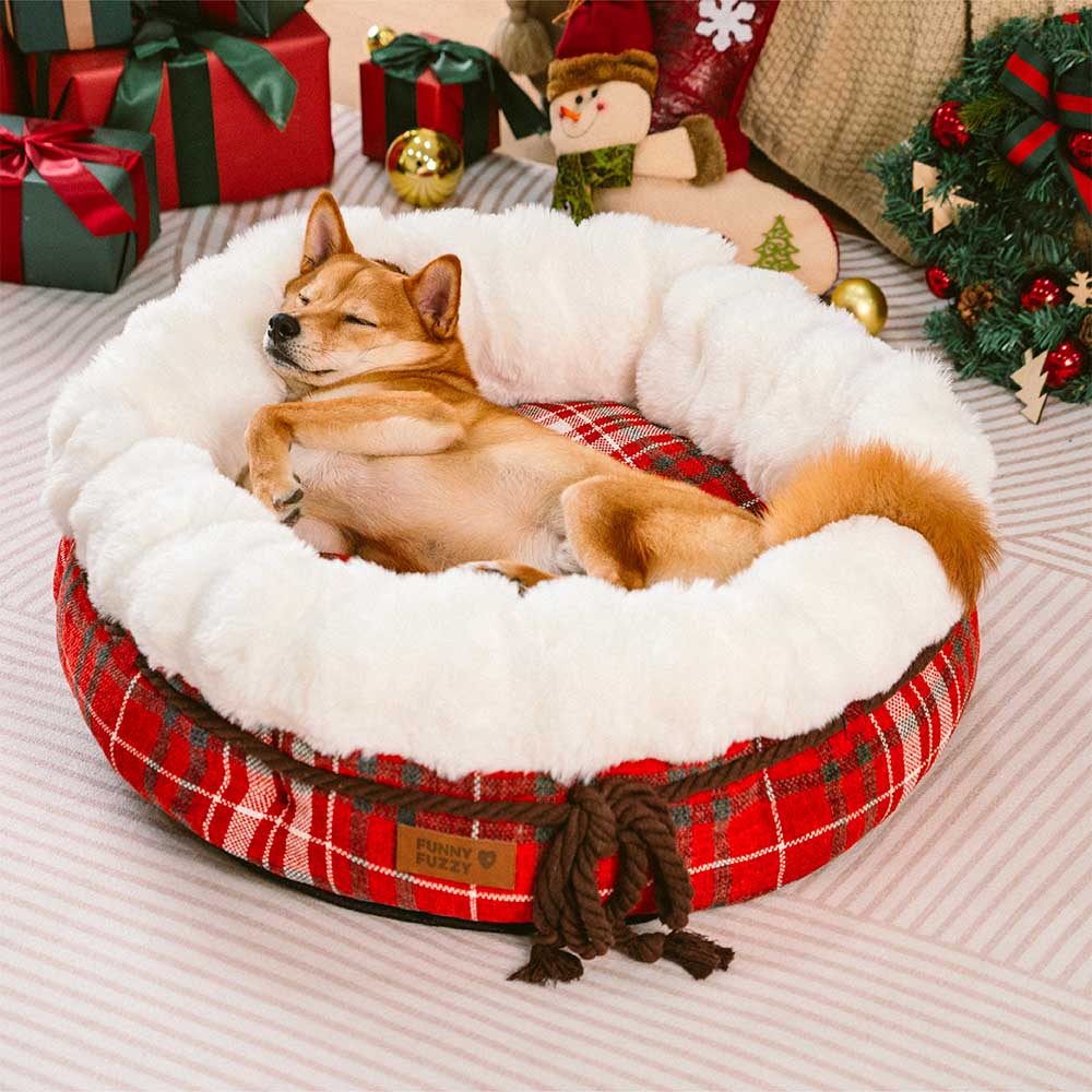 Lit pour chien en forme de beignet en peluche jacquard classique - Snuggle Den