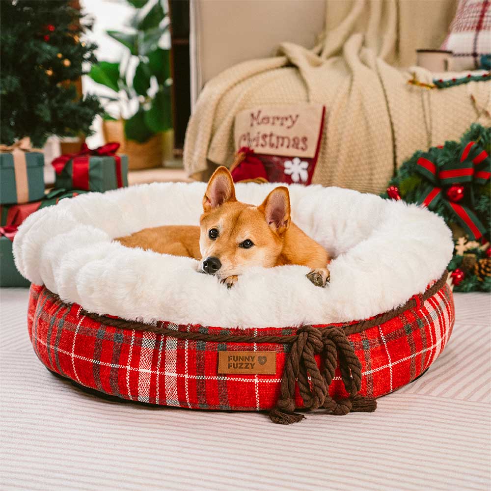 Lit pour chien en forme de beignet en peluche jacquard classique - Snuggle Den