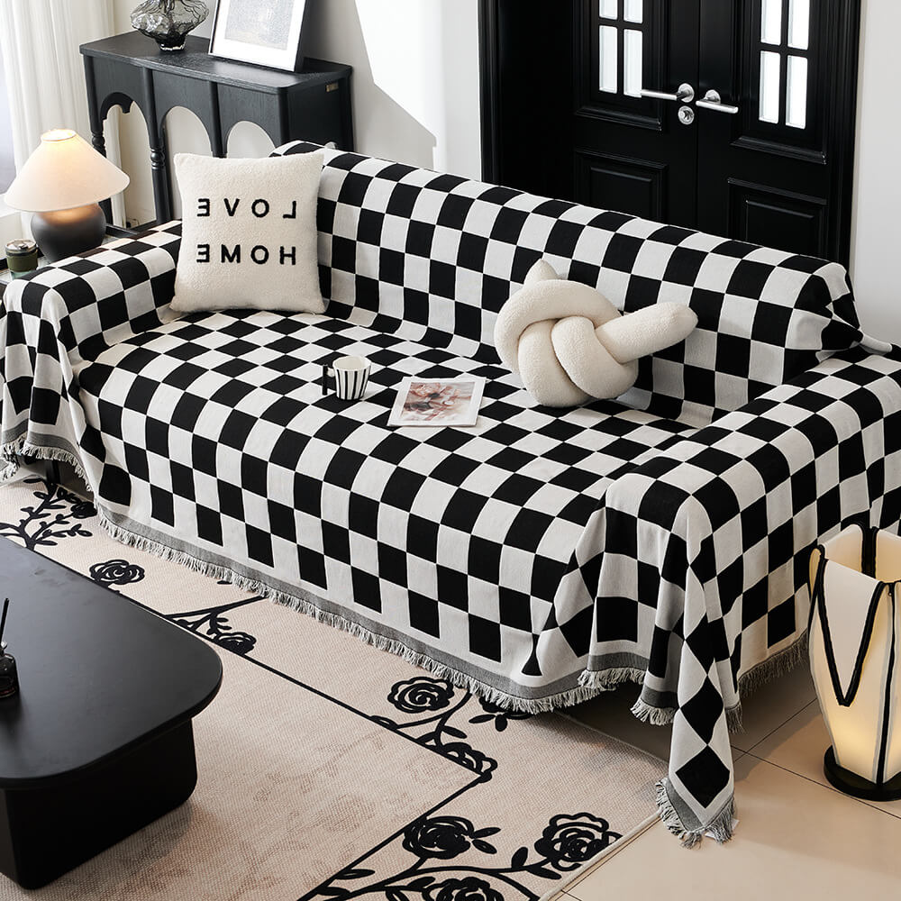 Color Block Checkerboard Fringe Trim Sofa Blanket Sofa Cover