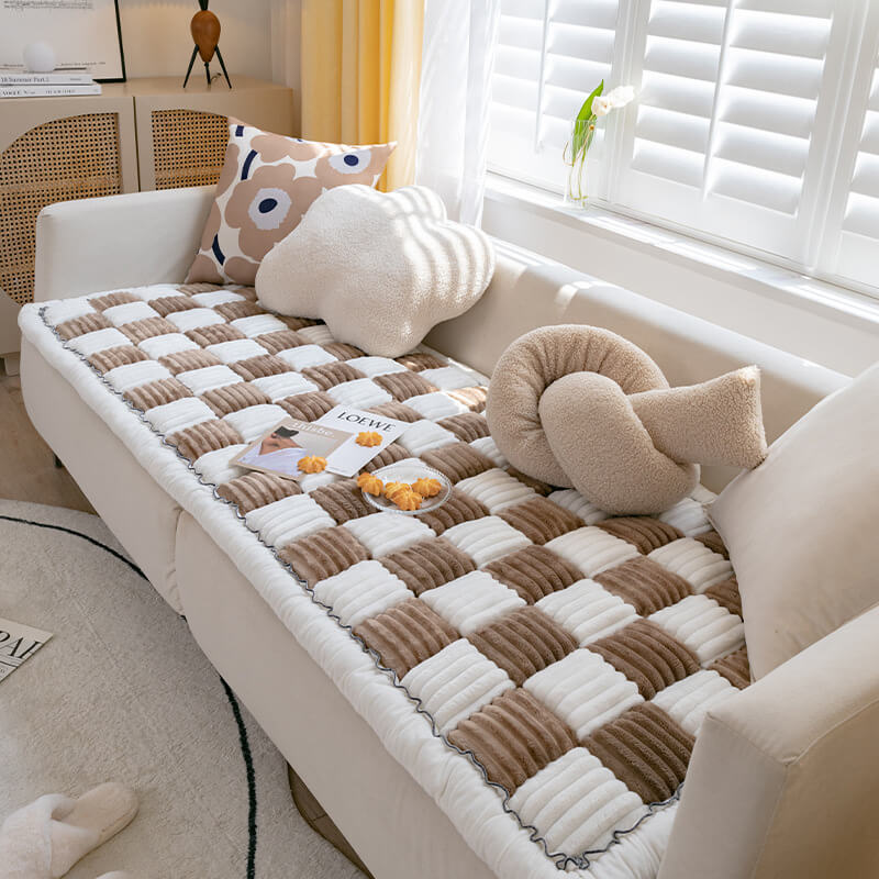Cream-colored Large Plaid Square Fuzzy Pet Mat Bed Sofa Cover