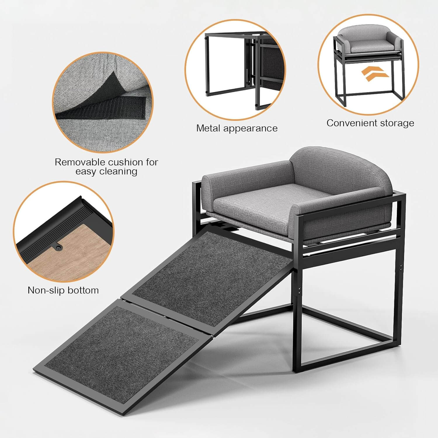 Elevated Pet Sofa Bed with Stairs Ramp for Bedside Lounge or Dog Window Perch