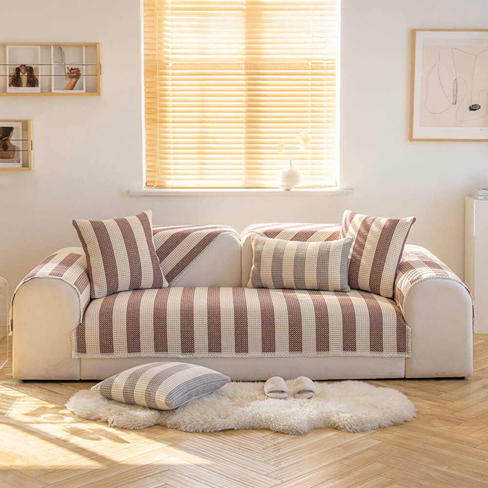 Housse de protection pour meubles anti-rayures en coton et lin à rayures