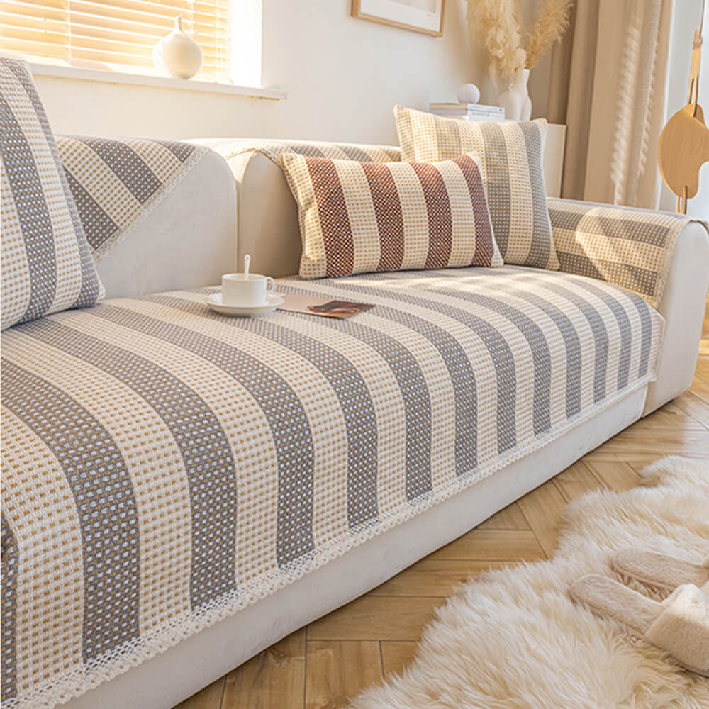 Cotton Linen Stripe Anti-scratch Furniture Protector Sofa Cover