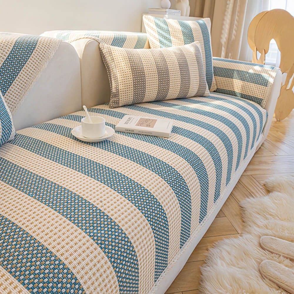 Housse de protection pour meubles anti-rayures en coton et lin à rayures