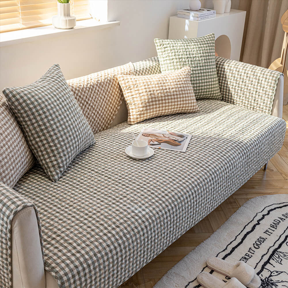 Retro Plaid Washed Cotton Wear-Resistant Non-Pilling Sofa Cover