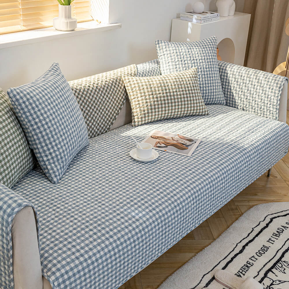 Retro Plaid Washed Cotton Wear-Resistant Non-Pilling Sofa Cover