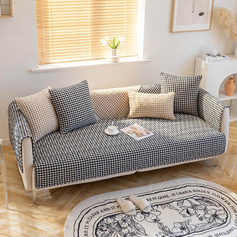 Retro Plaid Washed Cotton Wear-Resistant Non-Pilling Sofa Cover