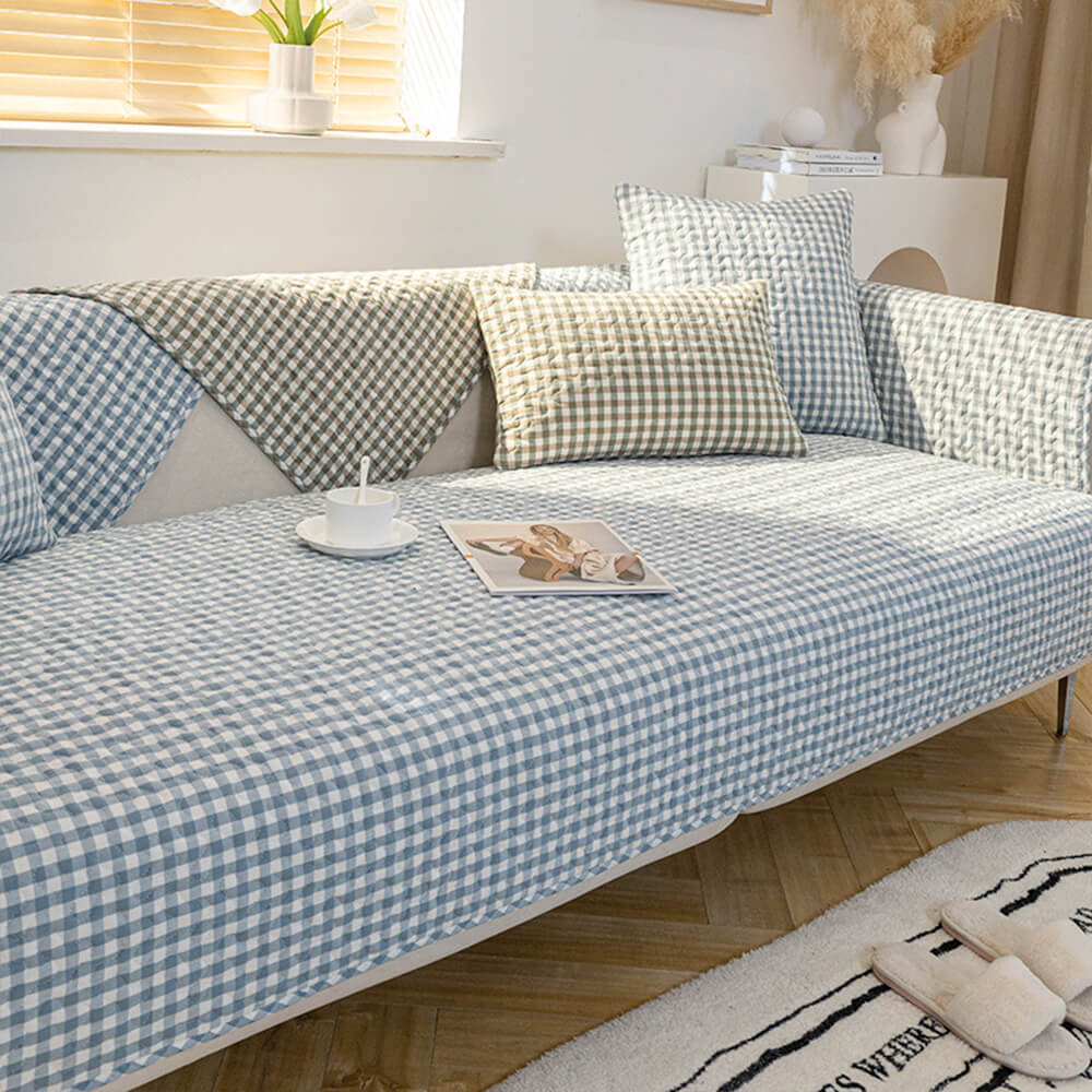 Retro Plaid Washed Cotton Wear-Resistant Non-Pilling Sofa Cover