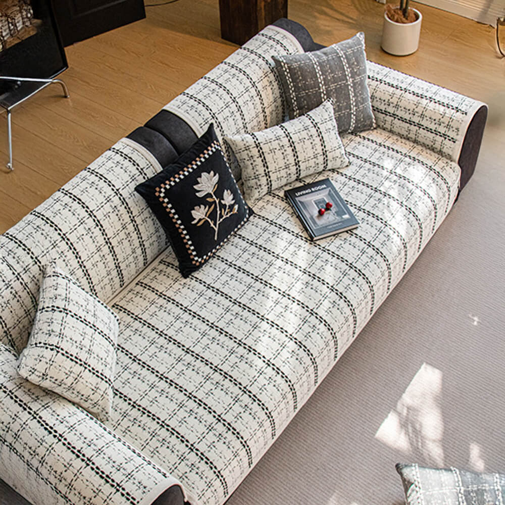 Elegant Checkered Jacquard Chenille All-Season Sofa Protector Sofa Cover