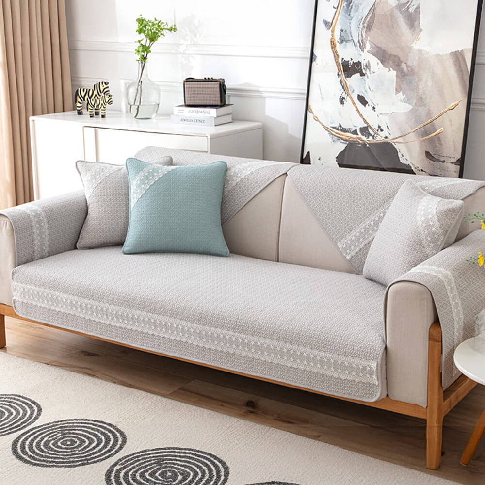 Pure Cotton Lace Trim Embossed Couch Cover