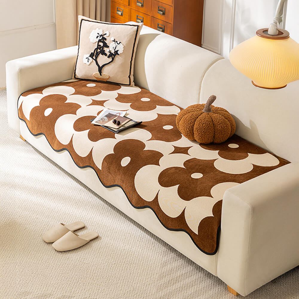 Elegant Floral Chenille Sofa Cover with Wavy Border