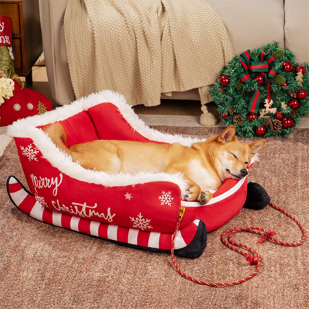 Lit pour chien douillet en peluche festif - Traîneau de Noël