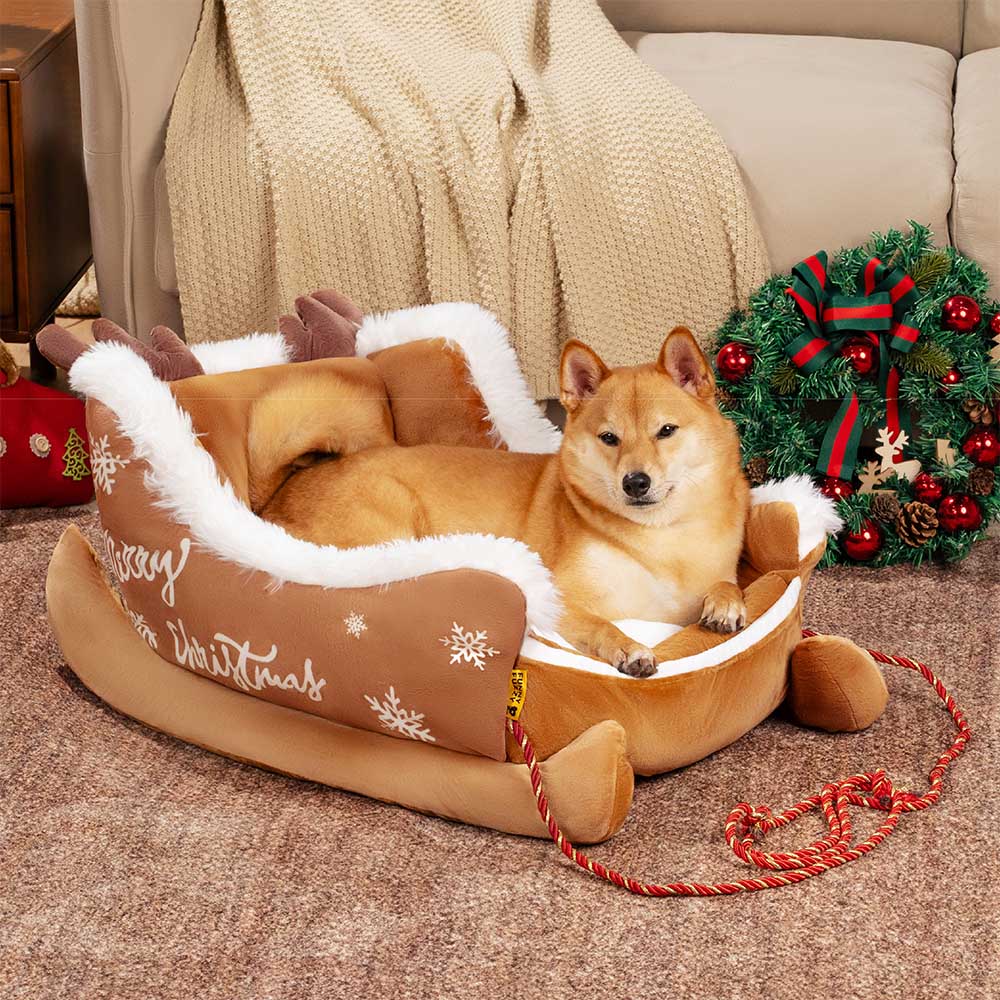 Lit pour chien douillet en peluche festif - Traîneau de Noël