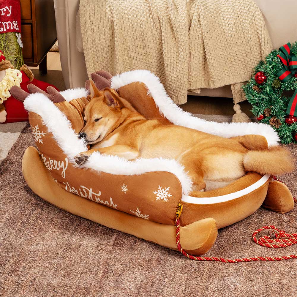 Lit pour chien douillet en peluche festif - Traîneau de Noël