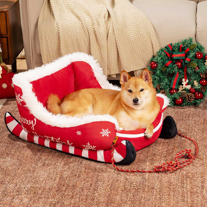 Lit pour chien douillet en peluche festif - Traîneau de Noël