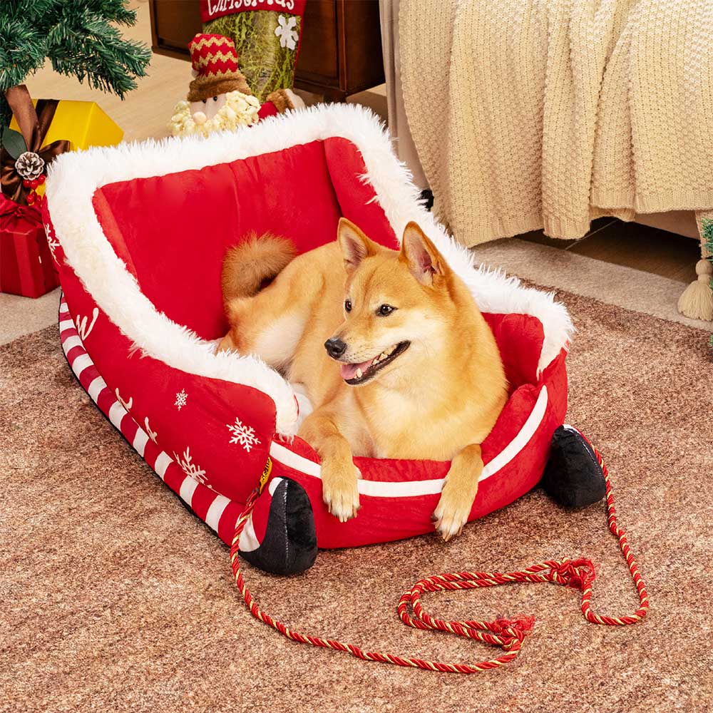 Lit pour chien douillet en peluche festif - Traîneau de Noël