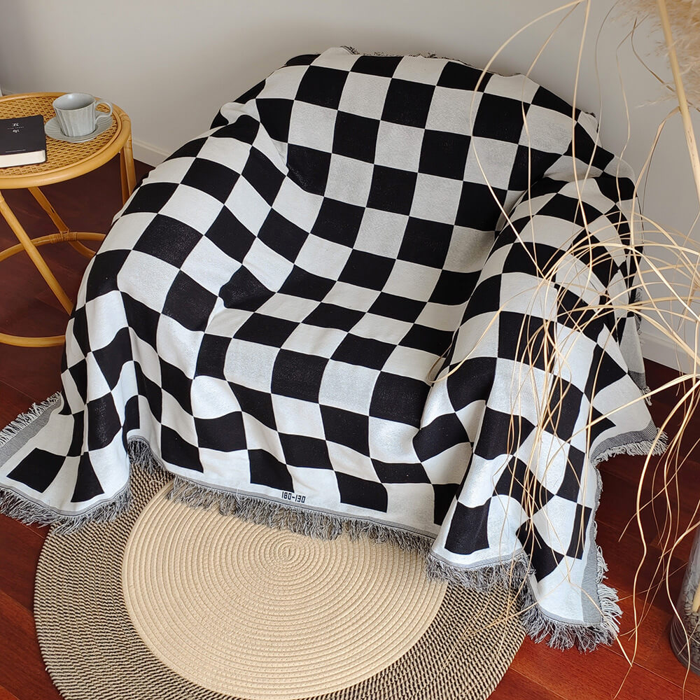 Color Block Checkerboard Fringe Trim Sofa Blanket Sofa Cover