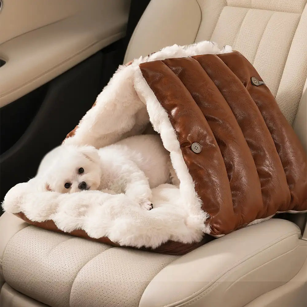 Faux Leather Vintage Multi-function Plush Dog Bed Convertible Dog Car Seat