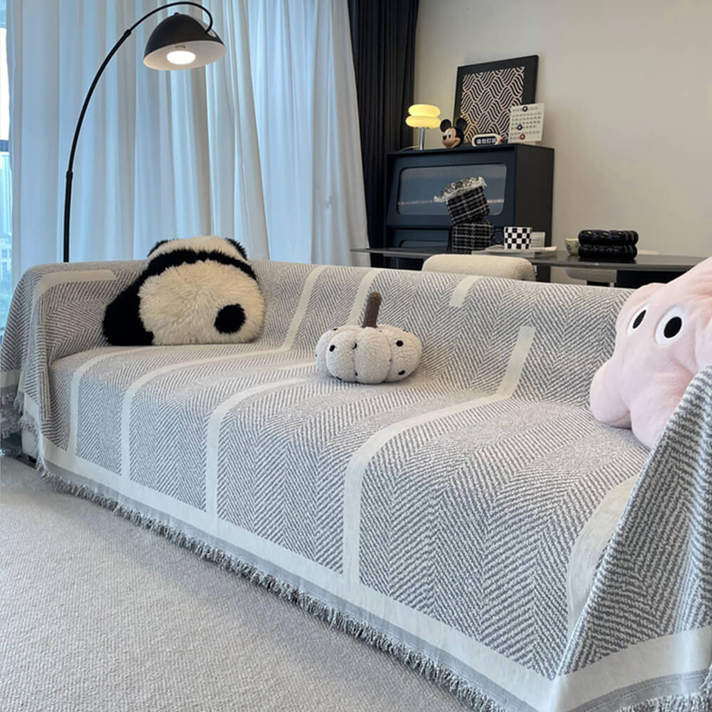 Herringbone Pattern Fringed Chenille Throw Sofa Cover