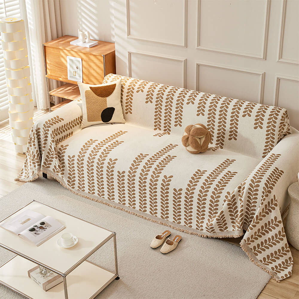 Leaf Stripe Chenille Fabric Fringe Decoration Sofa Cover