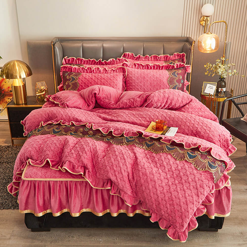Luxueux ensemble de draps antidérapants brodés en velours cristal avec jupe de lit