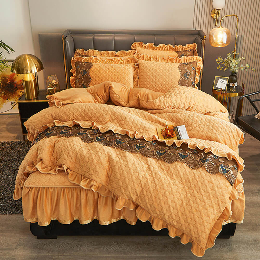Luxueux ensemble de draps antidérapants brodés en velours cristal avec jupe de lit