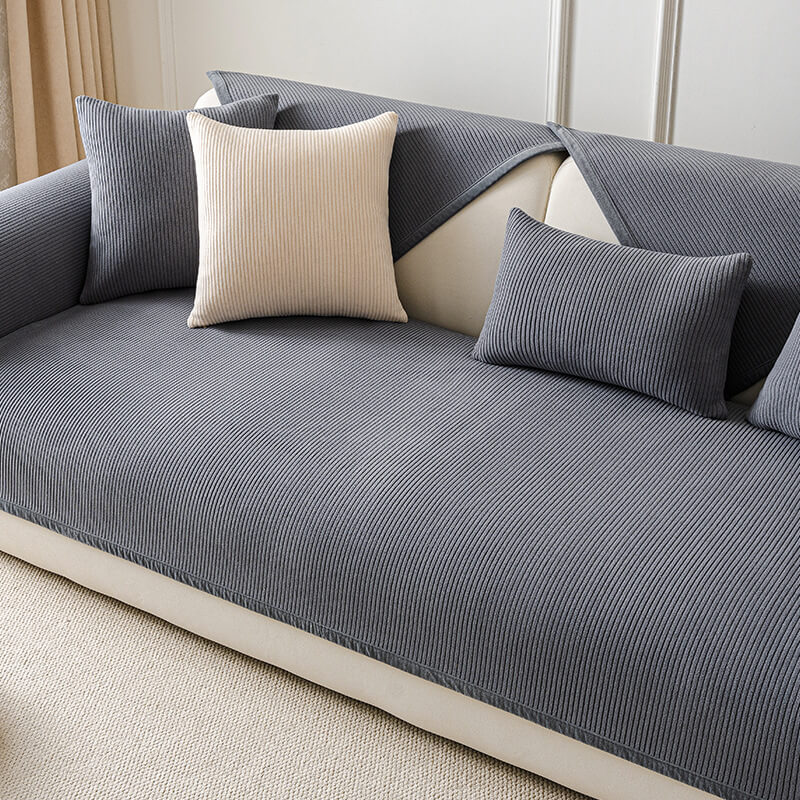 Modern Cream Vertical Stripes Fleece Couch Cover for All Seasons