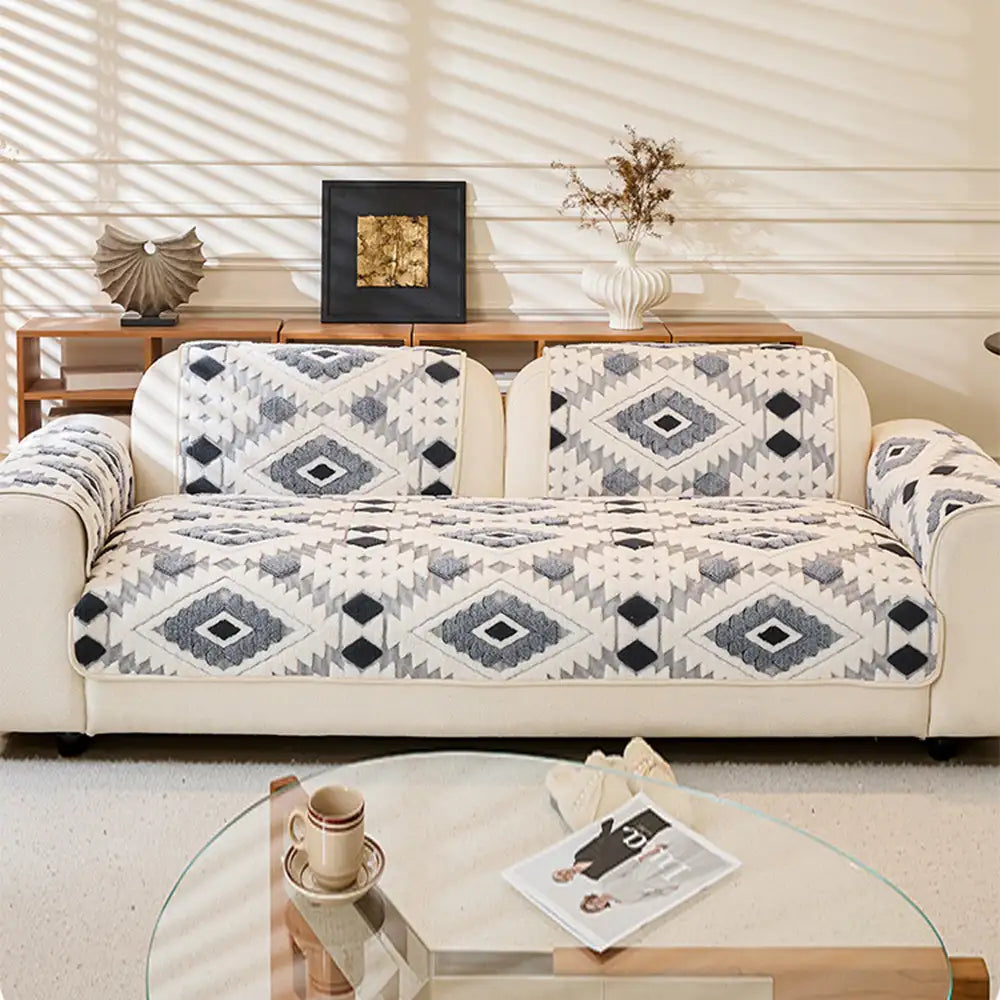 Modern Geometric Thick Plush Anti-Scratch Non-Slip Sofa Cover