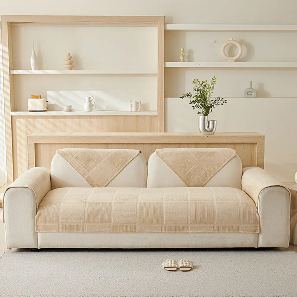 Plush Cream Geometric All Seasons Non-Slip Sofa Cover