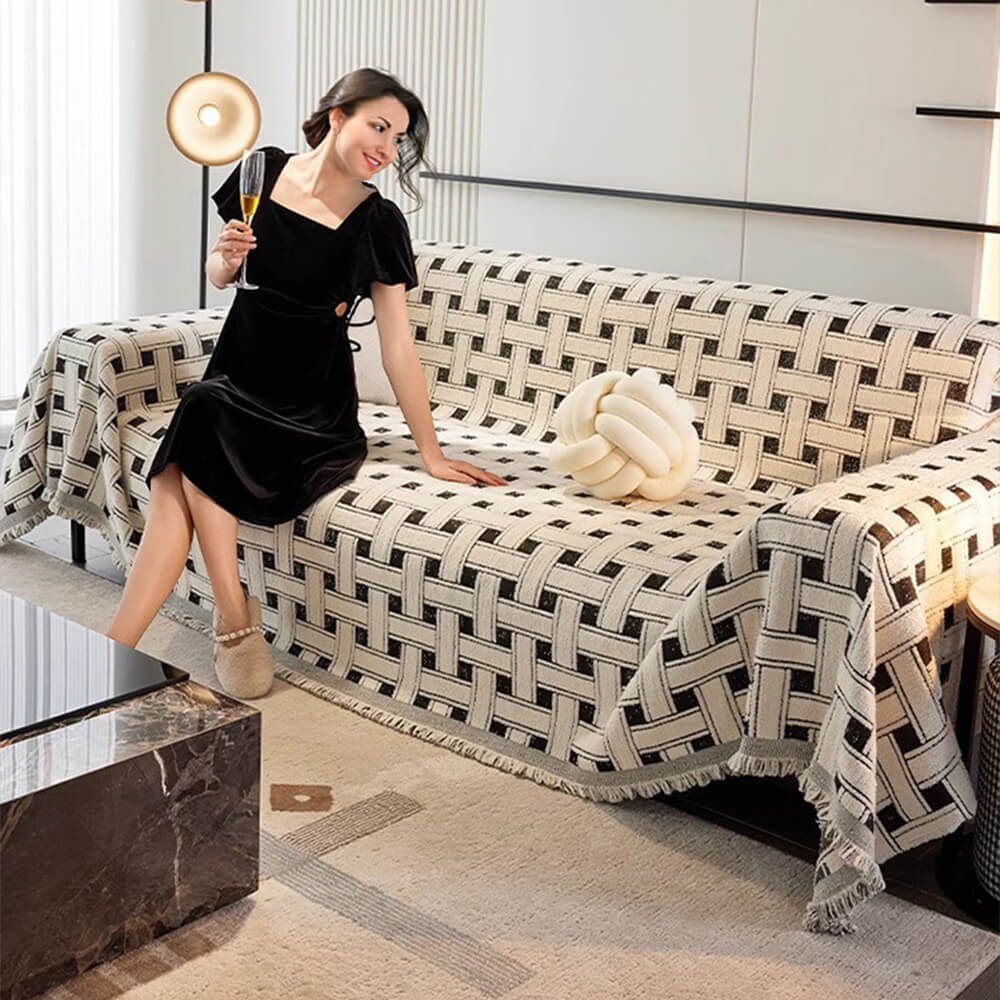 Stylish Checkered Fringed Tassel Chenille Sofa Protector Throw Sofa Cover