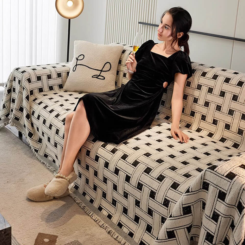 Stylish Checkered Fringed Tassel Chenille Sofa Protector Throw Sofa Cover