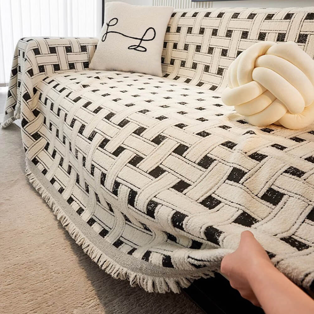 Stylish Checkered Fringed Tassel Chenille Sofa Protector Throw Sofa Cover