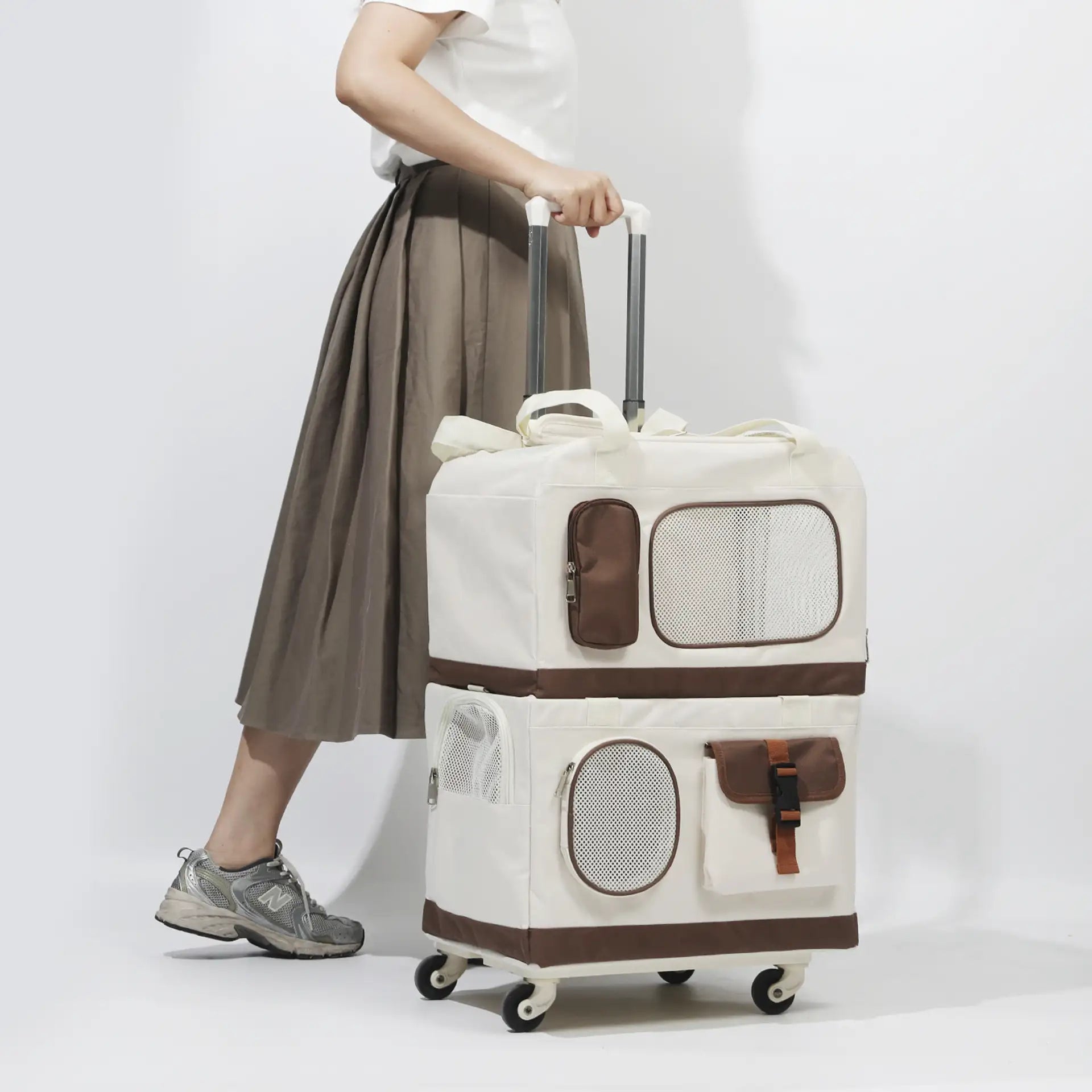 Travel Carrier Double-Layer Foldable Cat Bag with Detachable Trolley