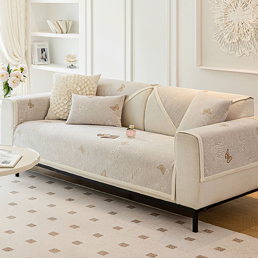 Chenille Anti-Slip Butterfly Pattern Morandi Color Sofa Cover