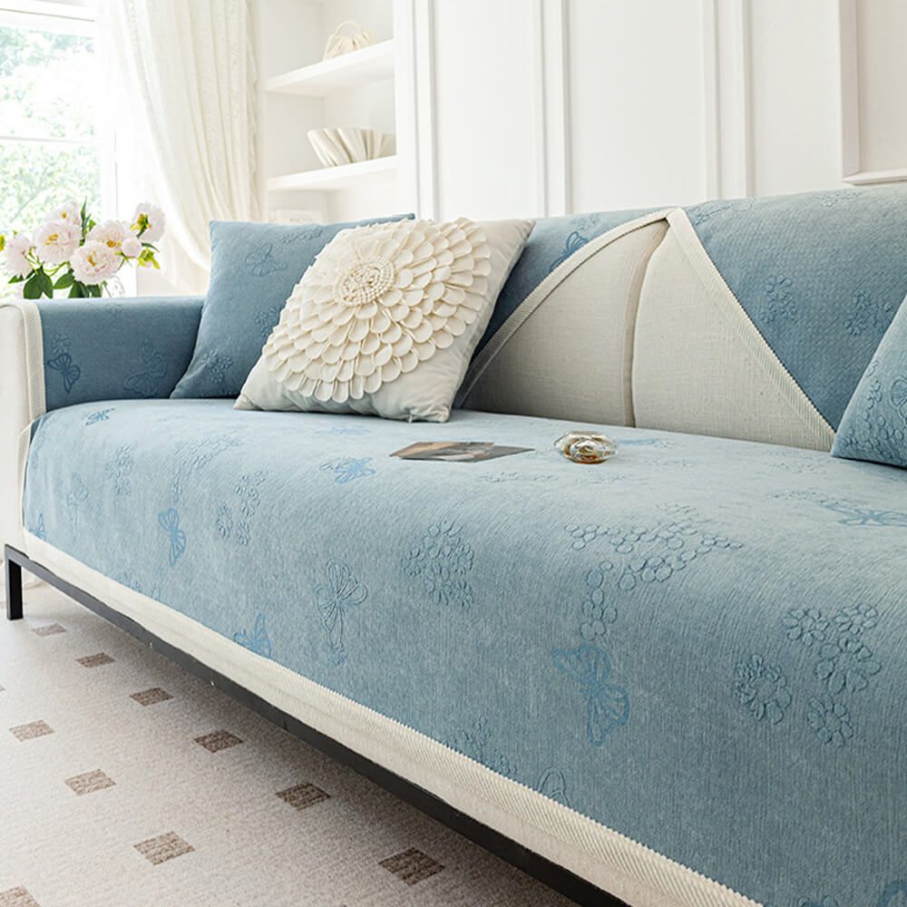 Chenille Anti-Slip Butterfly Pattern Morandi Color Sofa Cover