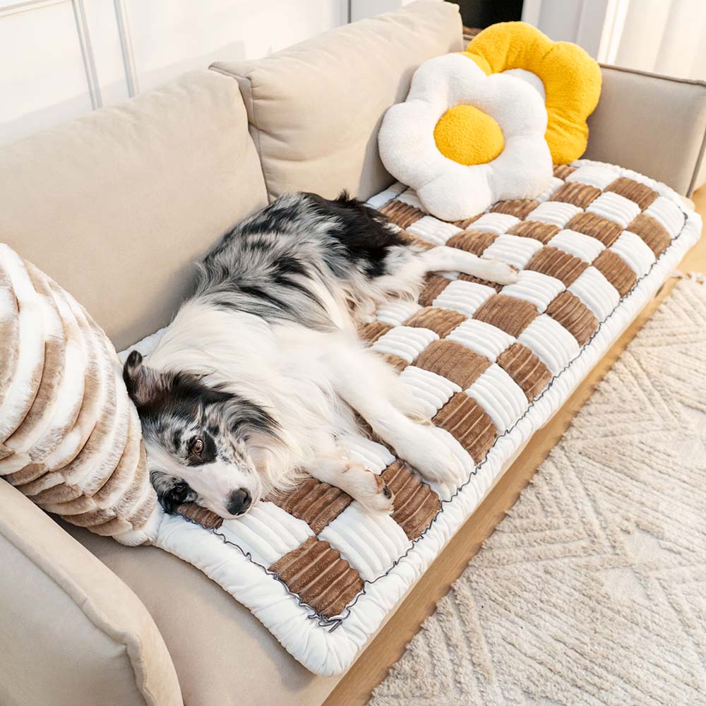 Cream-colored Large Plaid Square Fuzzy Pet Mat Bed Sofa Cover