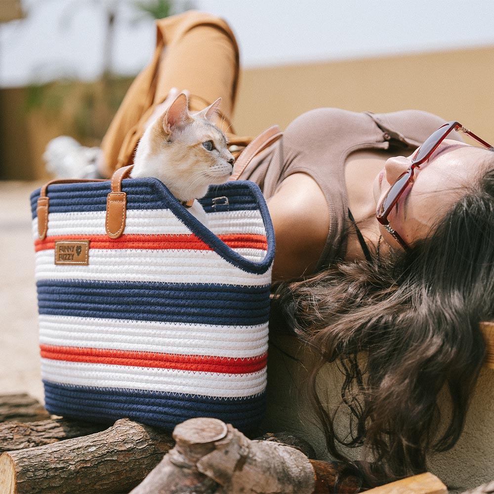 Handmade Lightweight Cotton Woven Beach Bag Pet Carrier- Summer Vacation