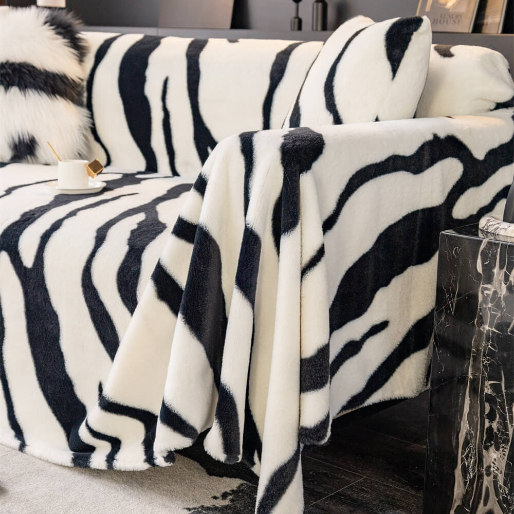 Luxurious Zebra-Print Fluffy Plush Sofa Protector Stylish Sofa Cover