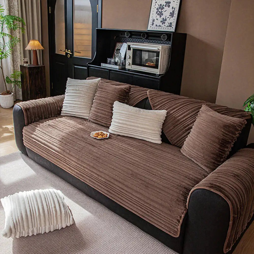 Modern Asymmetrical Stripes Soft Plush Non-Slip Sofa Cover