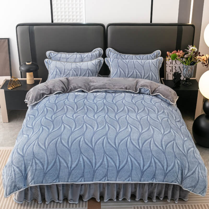 Ensemble de draps en velours de lait doux à motif de feuilles modernes avec jupe de lit