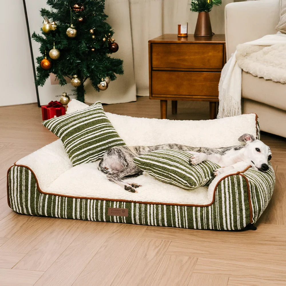 Plush Warm Stripe Orthopedic Dog & Cat Sofa Bed With Pillows- Grove Couch